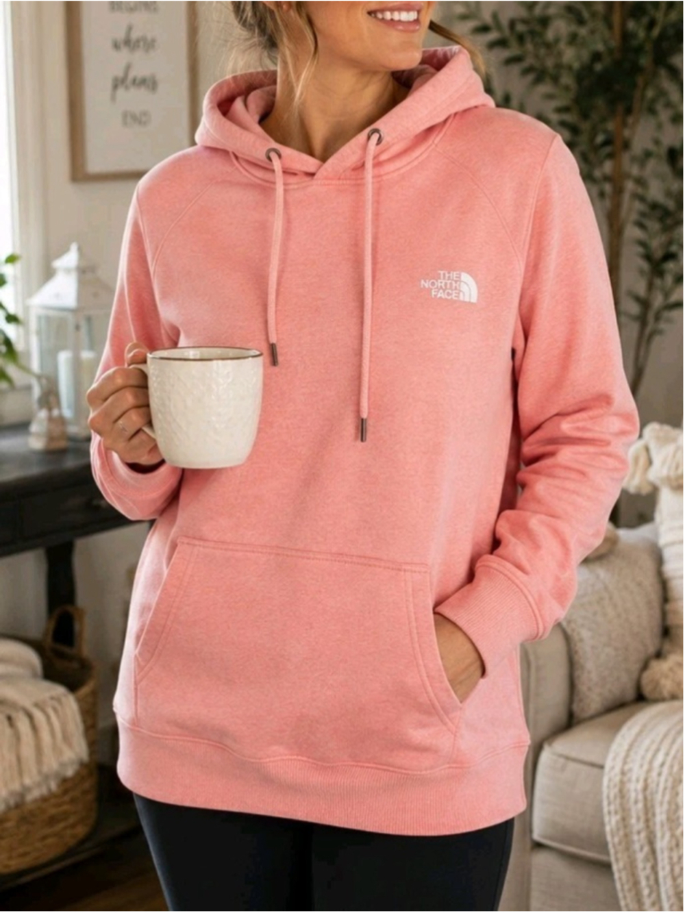 The North Face Womens Sz L Pink Pullover Hoodie Logo Sweatshirt Kangaroo Pocket